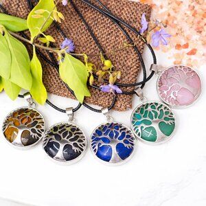 Tree of Life Gemstone Necklace Crystal Healing Stone Pendant Cord Necklace
